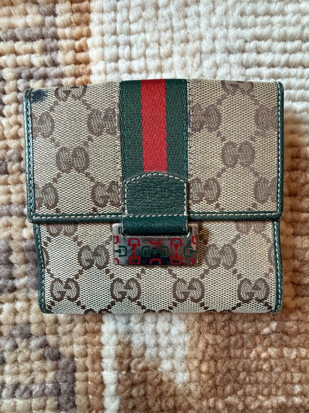 Vintage Gucci Brown/Beigh Monogrammed Canvas with Green Leather Piping Wallet